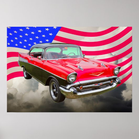 1957 Chevrolet Bel Air en Amerikaanse vlag Poster (Voorkant)