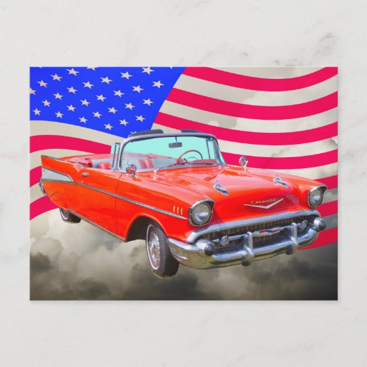 1957 Chevrolet Bel Air en de Amerikaanse vlag Briefkaart (Voorkant)