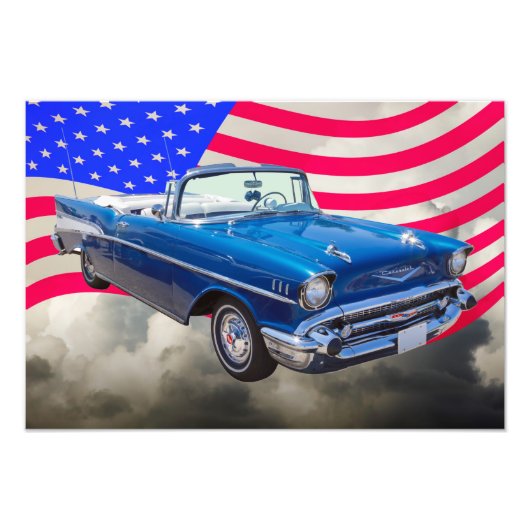 1957 Chevrolet Bel Air met Amerikaanse vlag Foto Afdruk (Voorkant)