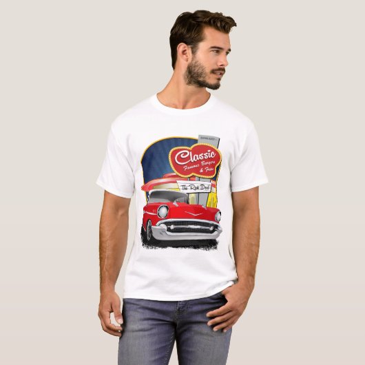 1957 Rood en wit station in Diner Chevy Bel Air T-shirt (Voorkant volledig)