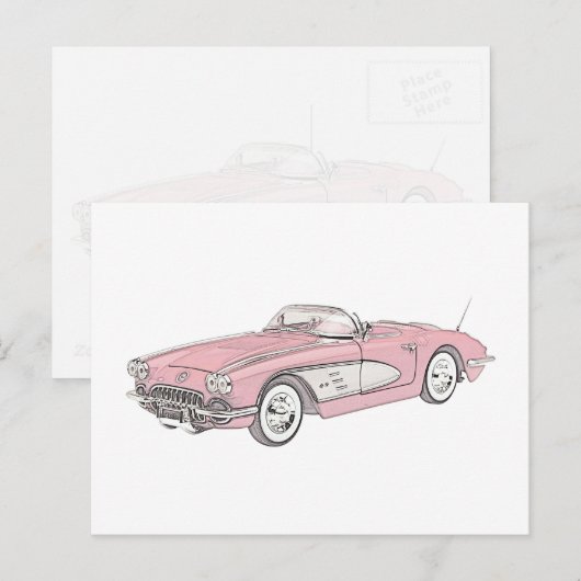 1958 Chevy Corvette Roadster Red and White Drawing Briefkaart (Voorkant / Achterkant)