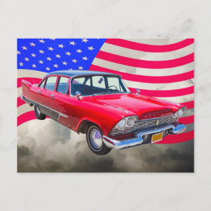 1958 Plymouth Savoy auto met Amerikaanse vlag Briefkaart