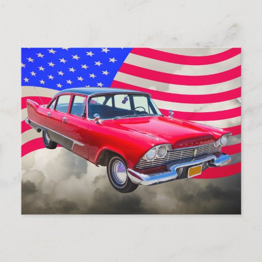 1958 Plymouth Savoy auto met Amerikaanse vlag Briefkaart (Voorkant)