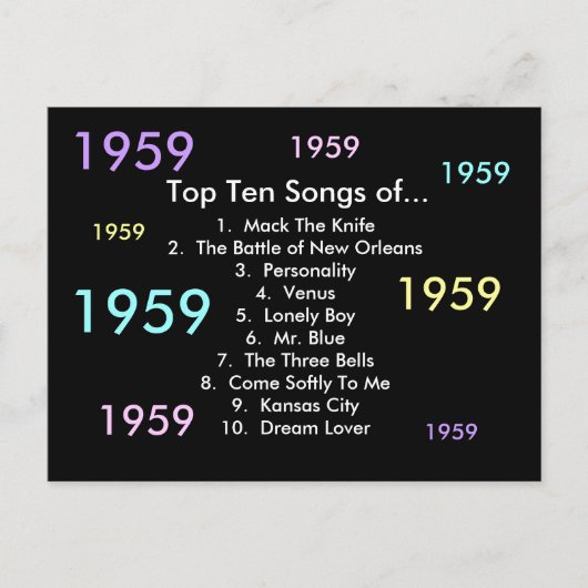 1959 liedjes briefkaart (Voorkant)