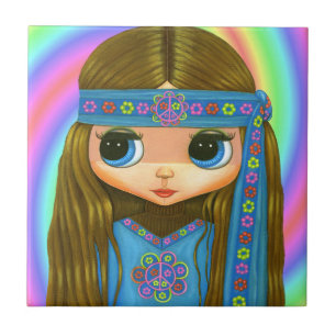 1960, 1970 Big Eye Hippie Chick in Blue Tegeltje