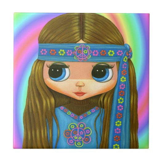 1960, 1970 Big Eye Hippie Chick in Blue Tegeltje (Voorkant)
