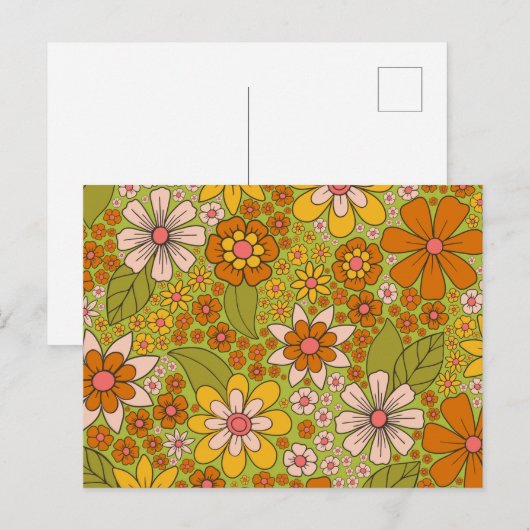 1960, 1970 Groene en Oranje Retro Floral Briefkaart (Voorkant / Achterkant)
