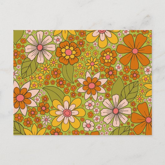 1960, 1970 Groene en Oranje Retro Floral Briefkaart (Voorkant)
