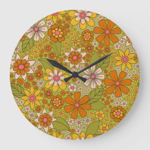 1960, 1970 Groene en Oranje Retro Floral Grote Klok