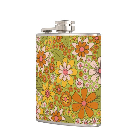 1960, 1970 Groene en Oranje Retro Floral Heupfles (Links)