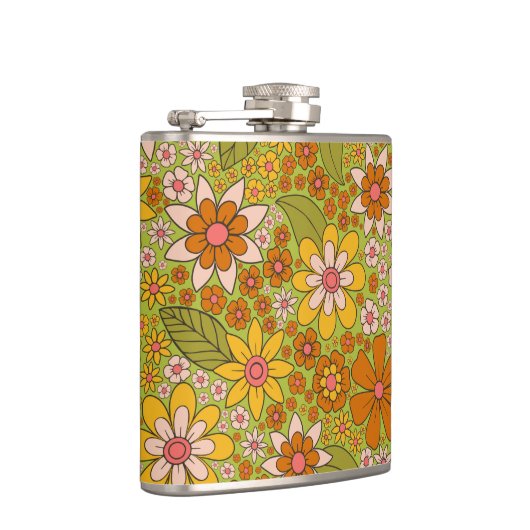 1960, 1970 Groene en Oranje Retro Floral Heupfles (Rechts)