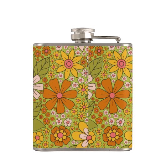 1960, 1970 Groene en Oranje Retro Floral Heupfles (Achterkant)