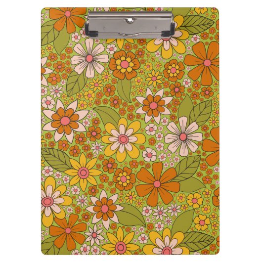1960, 1970 Groene en Oranje Retro Floral Klembord (Voorkant)