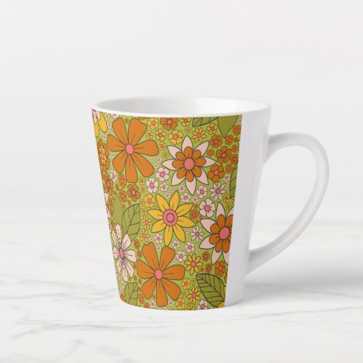 1960, 1970 Groene en Oranje Retro Floral Latte Mok (Rechts)