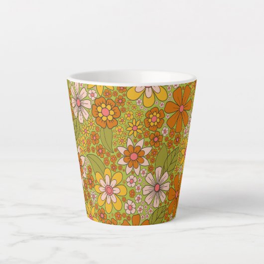 1960, 1970 Groene en Oranje Retro Floral Latte Mok (Voorkant)