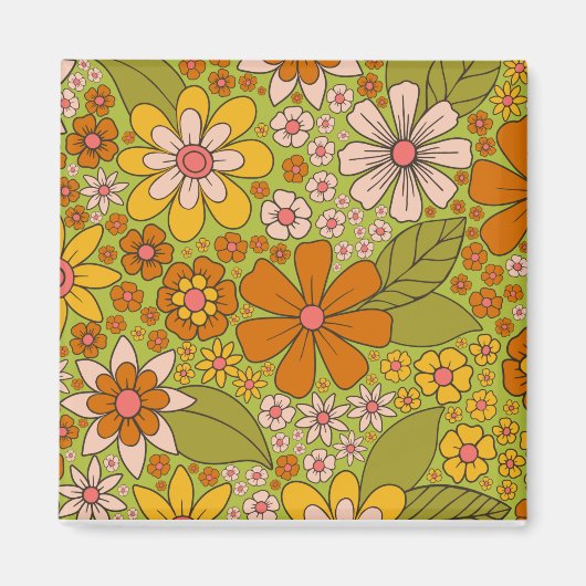 1960, 1970 Groene en Oranje Retro Floral Magneet (Voorkant)
