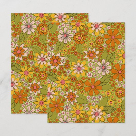 1960, 1970 Groene en Oranje Retro Floral Notitiekaartje (Voorkant / Achterkant)