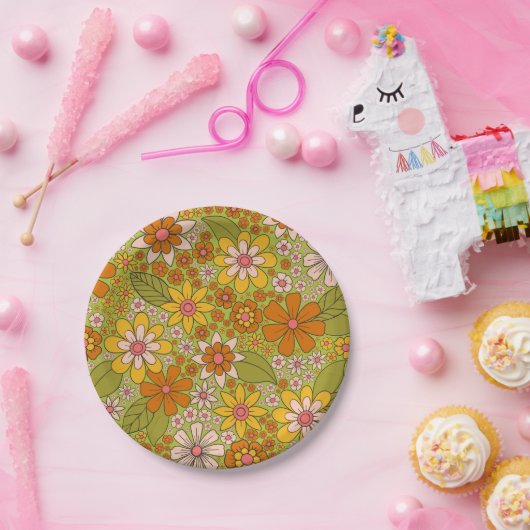 1960, 1970 Groene en Oranje Retro Floral Papieren Bordje (Feest)