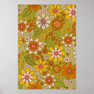 1960, 1970 Groene en Oranje Retro Floral Poster