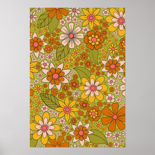 1960, 1970 Groene en Oranje Retro Floral Poster (Voorkant)