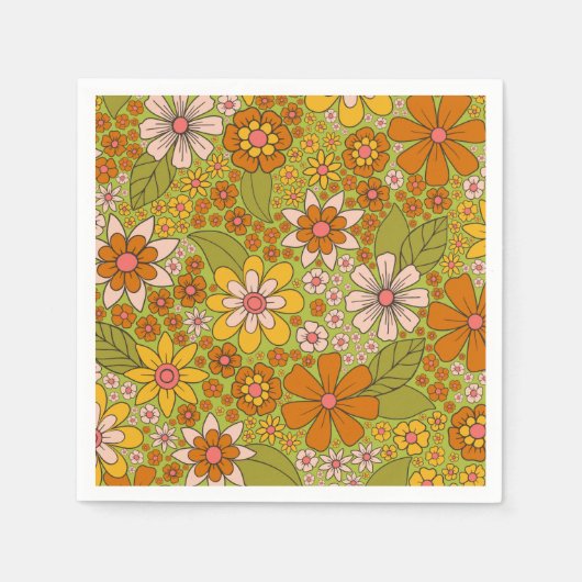 1960, 1970 Groene en Oranje Retro Floral Servet (Voorkant)