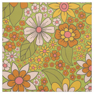 1960, 1970 Groene en Oranje Retro Floral Stof