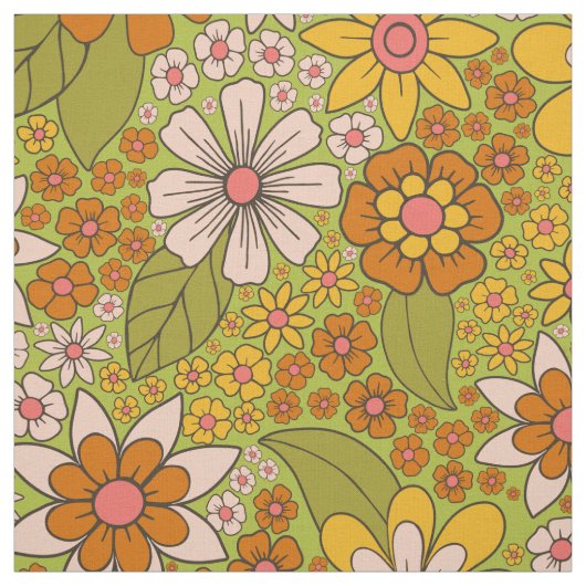 1960, 1970 Groene en Oranje Retro Floral Stof (Swatch)