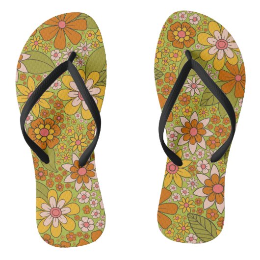 1960, 1970 Groene en Oranje Retro Floral Teenslippers (Voetbed)