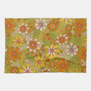 1960, 1970 Groene en Oranje Retro Floral Theedoek