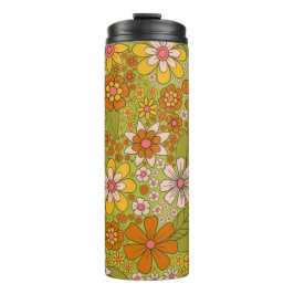 1960, 1970 Groene en Oranje Retro Floral Thermosbeker