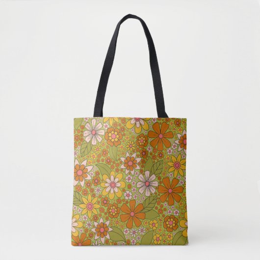 1960, 1970 Groene en Oranje Retro Floral Tote Bag (Voorkant)