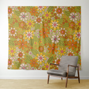 1960, 1970 Groene en Oranje Retro Floral Wandkleed