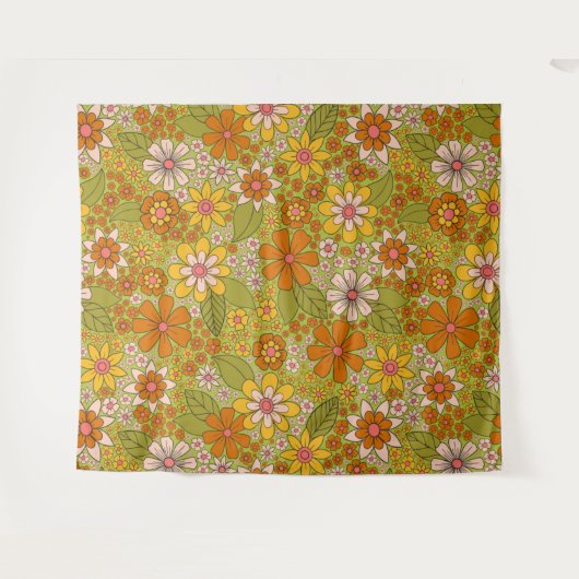 1960, 1970 Groene en Oranje Retro Floral Wandkleed (Voorkant (horizontaal))