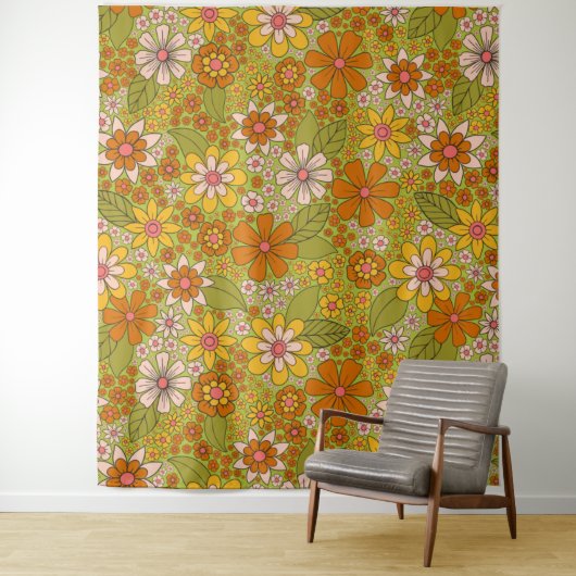 1960, 1970 Groene en Oranje Retro Floral Wandkleed (In situ)