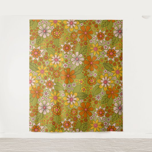 1960, 1970 Groene en Oranje Retro Floral Wandkleed (Voorkant)