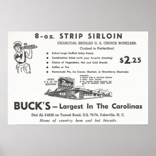 1960 Ad for Buck's Restaurant in Asheville, NC Poster (Voorkant)