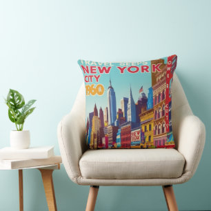 1960 New York Poster Vet rood & geel" Kussen
