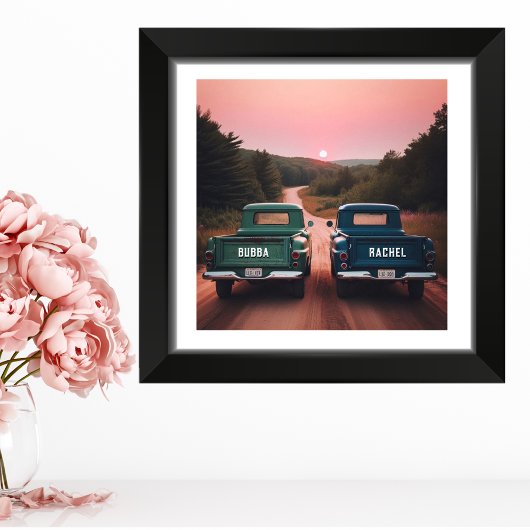 1960 Trucks op Dirt Road met aangepaste namen Foto Afdruk