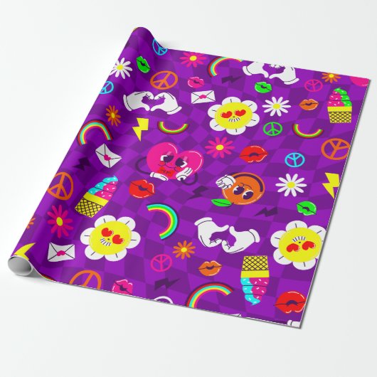 1960 valentijnen Vredesteken Groovy Rainbow paarse Cadeaupapier (Uitgerold)