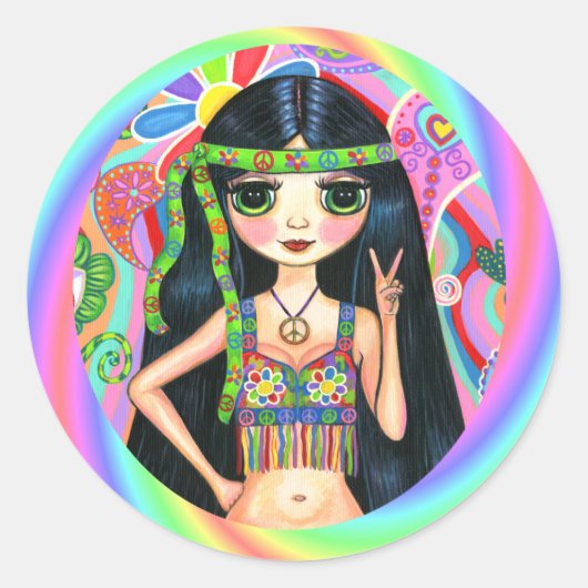 1960s, 1970s Vredesbord Regenboog Hippie Chick Ronde Sticker (Voorkant)