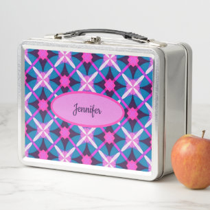 1960s geometrisch patroon in roze, paars en blauw 
