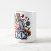 1960's Hippie meisje chick vrede teken vingers kun Koffiemok (Center)