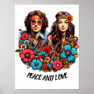 1960s Hippie Paar bloem kind Vrede & Liefde kunst Poster
