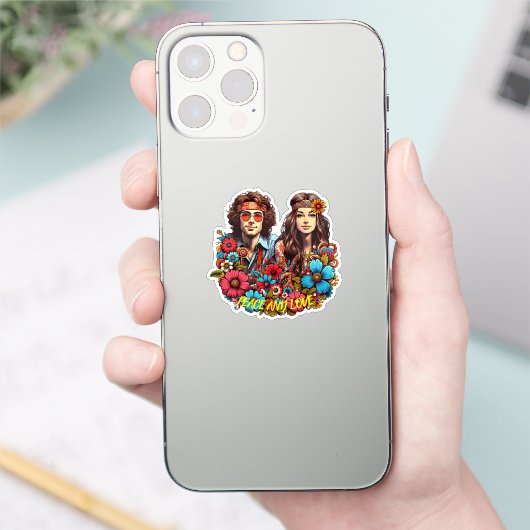 1960s Hippie Paar bloem kind Vrede & Liefde kunst Sticker (Telefoon)