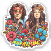 1960s Hippie Paar bloem kind Vrede & Liefde kunst Sticker (Voorkant)