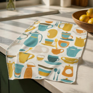 1960's Mid Century Modern turquoise, oranje, geel Theedoek