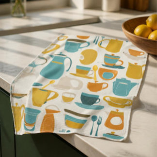 1960's Mid Century Modern turquoise, oranje, geel Theedoek