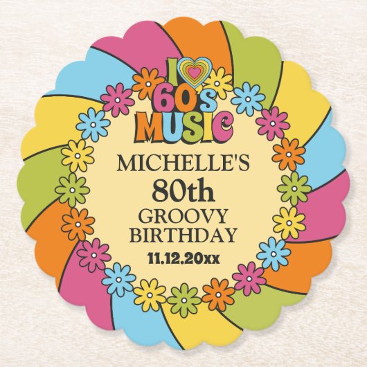 1960s Music Party 80th Groovy Retro Birthday Theme Kartonnen Onderzetters (Voorkant)