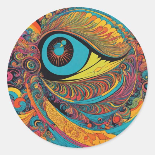 1960s Psychedelic Horror Vacui Art Patroon Ronde Sticker (Voorkant)