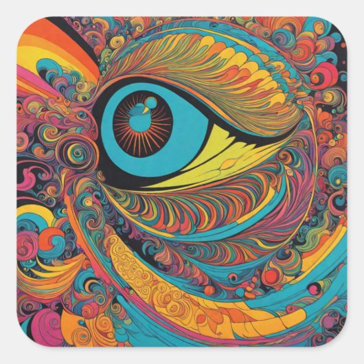 1960s Psychedelic Horror Vacui Art Patroon Vierkante Sticker (Voorkant)
